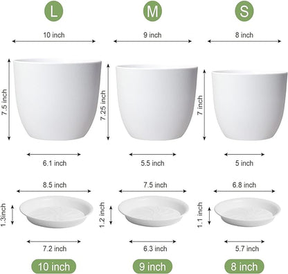 10/9/8 inch Medium Flower Pots, 3 Pack Modern Decorative Plastic Planters with Drainage Holes and Tray, Plant Pots for Indoor Outdoor Plants, White