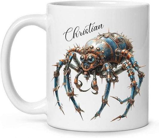 Personalized Steampunk Insect Mug, Customizable Name Mechanical Character Coffee Cup 11oz, Unique Cyberpunk Design Ceramic Mug, Customized White Cup Gift For Sci-Fi Enthusiasts