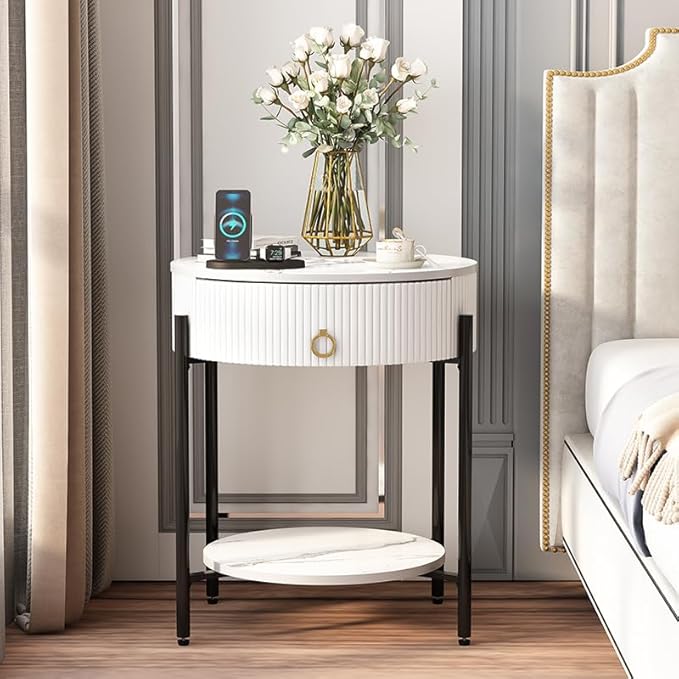 OIOG Round End Table with Drawer, Modern 2 Tier NightStand with Shelf, Small Side Table with Sintered Stone Tabletop for Living Room, Bedroom, Dorm, and Office, Marbling Natural Stone/White