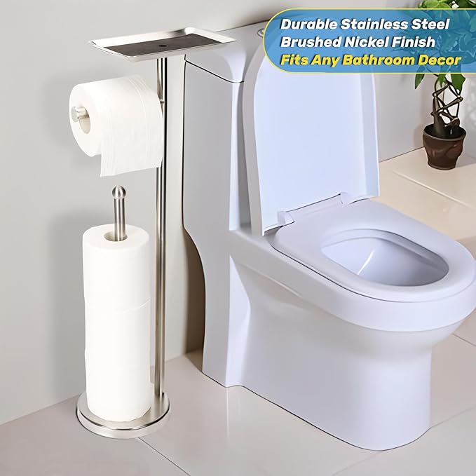 Toilet Paper Holder Stand for Bathroom Floor Freestanding Toilet Roll Dispenser Storages 4 Reserve Rolls, with Top Storage Shelf for Cell Phone (Brushed Nickel)