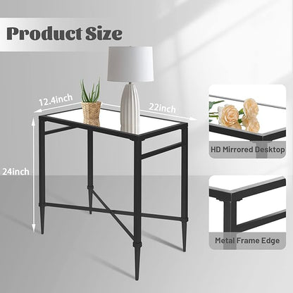 Black End Table, Rectangle Side Table with Mirrored Top, Modern Metal End Table, Small Narrow Side Table for Living Room, Balcony, 22" L x 12.4" W x 24" D