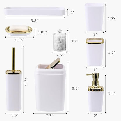 9Pcs Bathroom Accessories - White Bathroom Accessories Set with Trash Can, Soap Dispenser, Soap Dish, Toothbrush Holder, Toothbrush Cup, Toilet Brush Holder, Qtip Holders and Tray for Home