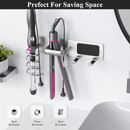 Tindbea Hair Dryer Holder Curling Iron Holder Flat Iron, Blow Dryer Holder Wall Mount, 3 in 1 Bathroom Hair Tool Organizer Rack for Universal Dryer, Silver Color
