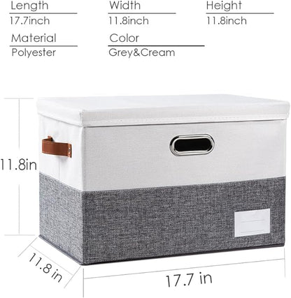 PRANDOM Foldable Storage Bins with Lids [3-Pack] Fabric Collapsible Storage Boxes Baskets Cubes Containers with Handles for Closet Living Room Bedroom (Grey & White 17.7x11.8x11.8'')