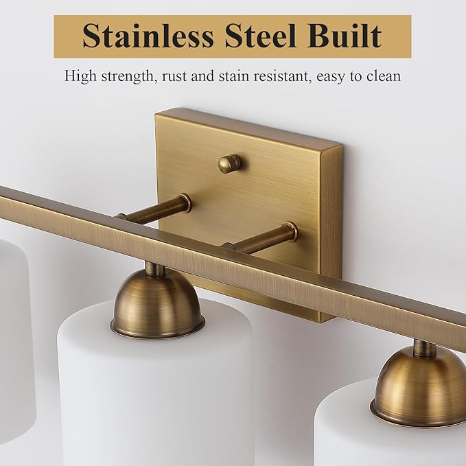 Stainless Steel Milk Glass Vanity Lights for Bathroom, 3 Light Brass Bathroom Light Fixtures Over Mirror, Ceramic E26 Sockets Wall Mounted