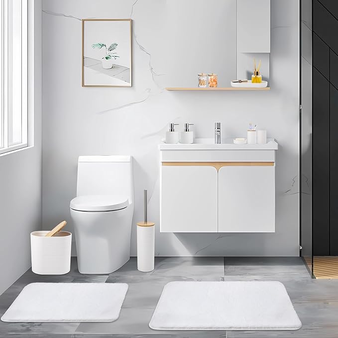 Bathroom Set - White Bathroom Accessories Set, Bathroom Sets with Shower Curtain and Rugs, 25PC Shower Curtain Set with Hooks, Soap Dispenser, Soap Dish, Toilet Brush Holder and Trash Can