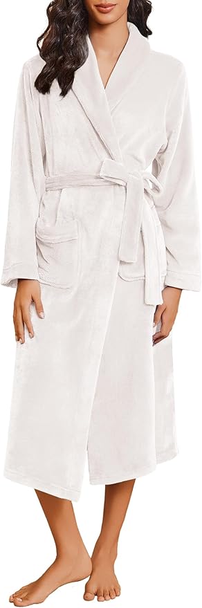 Ekouaer Robes for Women Soft Long Bathrobe Lightweight Fleece Shawl Collar Spa Robe Cozy Sleepwear with Pockets S-XXL