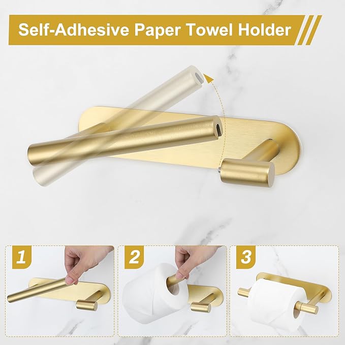 Self Adhesive Brushed Gold Toilet Paper Holder, SUS304 Stainless Steel Toilet Roll Holder, Double Base Paper Towel Holder Wall Mount No Drilling for Bathroom, Kitchen, Washroom
