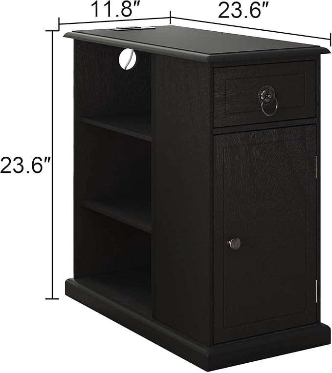 ChooChoo Farmhouse XXL End Table with Charging Station，Narrow Sofa Side Table with Adjustale Shelf, 3 Tier Rustic Night Stand for Small Place Living Room, Charcoal Black