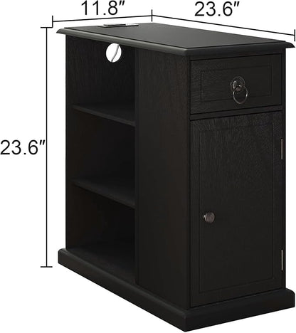 ChooChoo Farmhouse XXL End Table with Charging Station，Narrow Sofa Side Table with Adjustale Shelf, 3 Tier Rustic Night Stand for Small Place Living Room, Charcoal Black