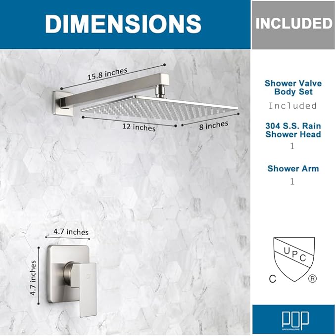 POP SANITARYWARE Shower Faucet Set with Rainfall 12 Inch Shower Head, Wall Mounted Bathroom Shower System Brushed Nickel, Single Function Shower Trim Kit with Valve