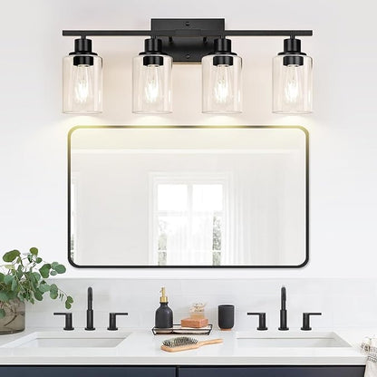 4-Light Bathroom Light Fixtures, Matte Black Modern Vanity Lights with Clear Glass Shades, Bathroom Wall Lamp for Mirror Living Room Cabinet Bedroom Porch