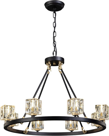 Black Wagon Wheel Chandelier, 8-Light Farmhouse Crystal Chandeleirs with Adjustable Height,Ceiling Hanging Light Fixture Pendant Lights for Living Room,Bedroom,Kitchen Island,Dining Room,Bedroom