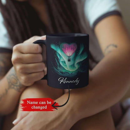 Customized Name Coffee Cup, Custom Hot Air Balloon Mug With Heart-Shaped, Personalized Northern Lights Ceramic Mug, Gift For Couples On Valentine's Day, Love Black Cup 11oz Or 15oz