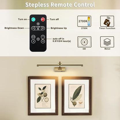 Wireless Picture Lights with Remote and Timer Rechargeable Brass Gallery Lighting Battery Operated Art Lights Over Frame Portrait 5W 24'' Inch Warm White