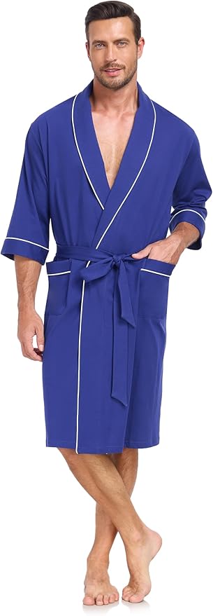 COLORFULLEAF Men's Bathrobes 100% Cotton Soft Comfort Breathable Short Sleeve Summer Kimono Mens Lightweight Robe