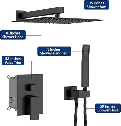 Sarlai Black Shower Faucet Set, Rainfall Shower System with Rain Shower Head and Handle Set, Modern Shower Fixtures, 10 Inch Shower Head with Handheld Combo,Shower Valve Included, Matte Black