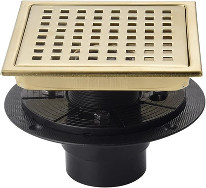 6 Inch Shower Drain Brushed Gold with Adjustable Shower Drain Base Flange SUS304 Stainless Steel Floor Drain Cover Removable Mesh Grille