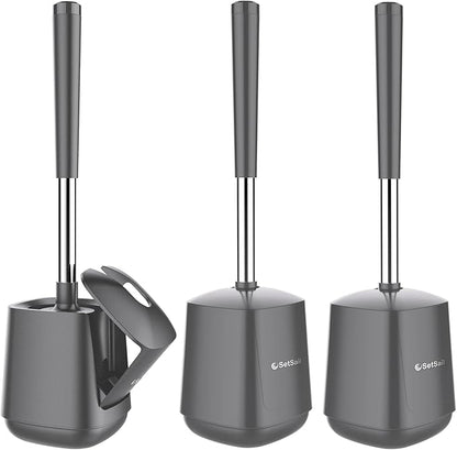 SetSail Toilet Brush and Holder 3 Pack, Self Closing Lid Toilet Bowl Brushes Holder Extra Long Handle Ventilated Toilet Brush Set for Bathroom Cleaning, Nylon Bristles, Grey