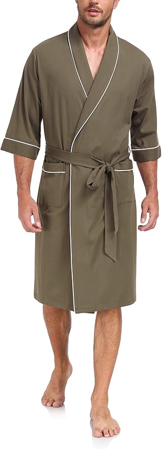 COLORFULLEAF Men's Bathrobes 100% Cotton Soft Comfort Breathable Short Sleeve Summer Kimono Mens Lightweight Robe