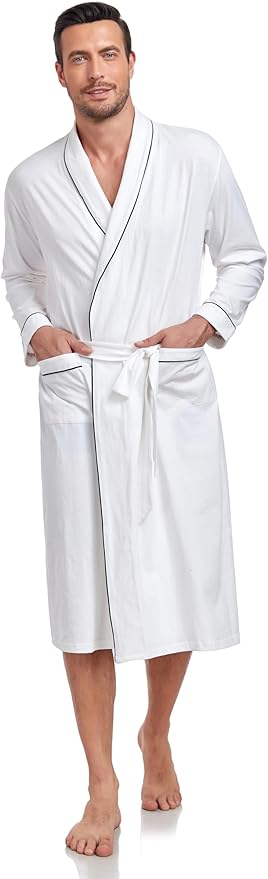 COLORFULLEAF Mens 100% Cotton Robes Lightweight Summer Long Bathrobe Sleepwear Soft Knit Spa Robe with Pockets