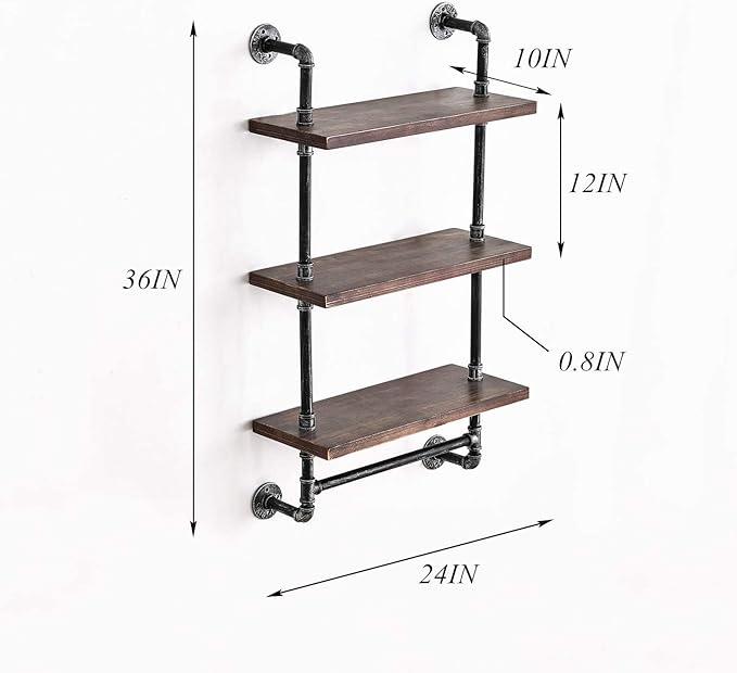 DR.IRON Industrial Pipe Shelving Rustic Bathroom Shelves with Towel Bar, 24" Pipe Shelf Wall Mounted, Farmhouse Bathroom Shelf Storage (3 tier-24)