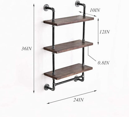 DR.IRON Industrial Pipe Shelving Rustic Bathroom Shelves with Towel Bar, 24" Pipe Shelf Wall Mounted, Farmhouse Bathroom Shelf Storage (3 tier-24)