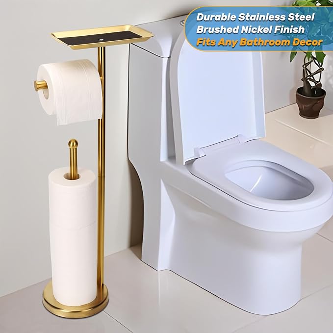 Toilet Paper Holder Stand for Bathroom Floor Freestanding Toilet Roll Dispenser Storages 4 Reserve Rolls, with Top Storage Shelf for Cell Phone (Brushed Gold)