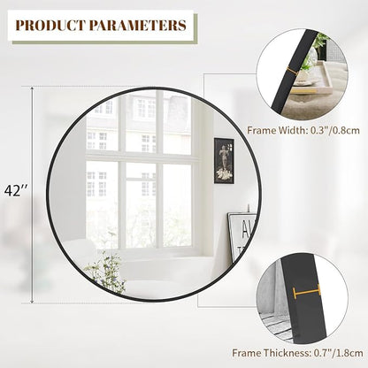 BEAUTYPEAK 42 Inch Round Mirror, Metal Frame Circle Mirror, Wall Mounted for Entryway, Bathroom, Vanity, Living Room, Black