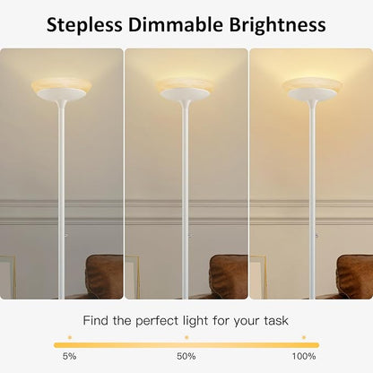 BoostArea Torchiere Floor Lamp, 24W Super Bright LED Standing Lamp, Stepless Dimmable Pole Lamp with 3000K Lighting, Glass Lampshade, 71Inch Tall Metal Modern Floor lamps for Living Room/Bedroom White