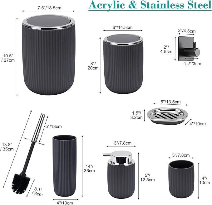 Boperzi Bathroom Accessories Set Complete: 8pc Bathroom Accessory Set with Trash Can 2pc for Floor/Counter, Toilet Brush, Soap Dispenser, Toothbrush Holder, Adhesive Hook, Grey Modern Bathroom Set