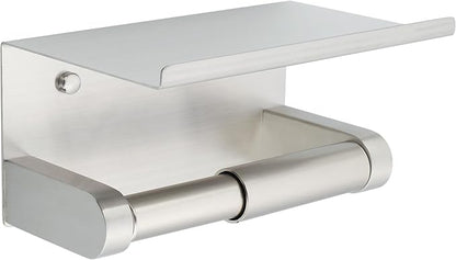 Alise Toilet Paper Holder,Double Post Paper Holder SUS304 Stainless Steel Toilet Paper Roll Holder with Shelf Spring Loaded Tissue Holder (Adhesive or Screw),Brushed Nickel