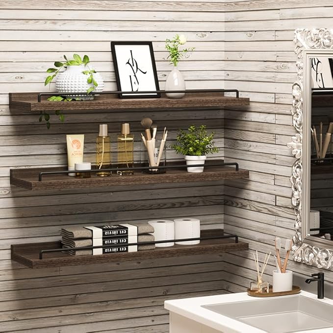 22 inches Long Floating Shelves, Bathroom Decor Shelves Over Toilet, Farmhouse Wall Shelves for Living Room, Bedroom, Picture Frames, Plants, Kitchen, Set of 3 (Brown)