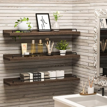 22 inches Long Floating Shelves, Bathroom Decor Shelves Over Toilet, Farmhouse Wall Shelves for Living Room, Bedroom, Picture Frames, Plants, Kitchen, Set of 3 (Brown)