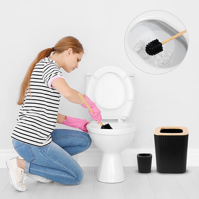 Black Bathroom Accessories Set, 9PCS Bathroom Accessory Set with Trash Can,Tray,Soap Dispenser,Toothbrush Holder,Toothbrush Cup,Soap Dish,Toilet Brush and Q-tip Holders for Housewarming