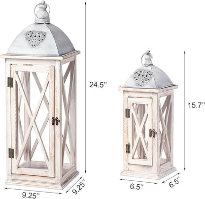 Set of 2 Large Farmhouse Wooden Metal Lanterns, Rustic Decorative Floor Candle Lanterns, Whitewash Distressed Hanging Lanterns for Home Decor (No Glass)