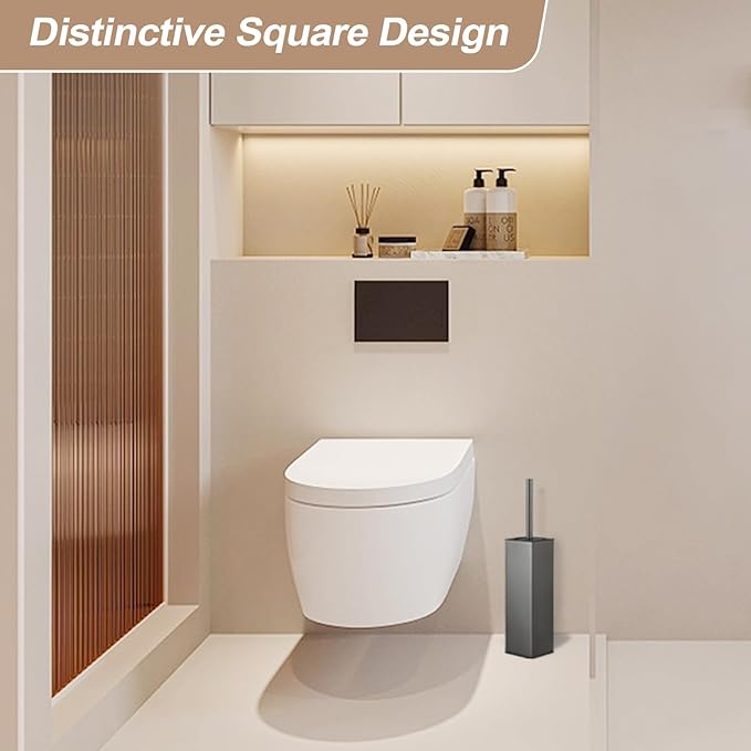 BGL Standing Toilet Brush and Holder GunGrey Aluminium Toilet Bowl Cleaner Brush and Holder for Bathroom Storage and Organization, Square Design Sturdy and Space Saving