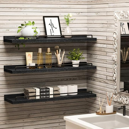 22 inches Long Floating Shelves, Bathroom Decor Shelves Over Toilet, Farmhouse Wall Shelves for Living Room, Bedroom, Picture Frames, Plants, Kitchen, Set of 3 (Black)