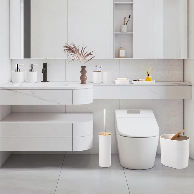 White Bathroom Set, White Bathroom Accessories Set with Trash Can, 2PCS Soap Dispensers, Soap Dish, Toothbrush Holder, Toothbrush Cup,Toilet Brush, Tray and Qtip Holders for Bathroom Decor