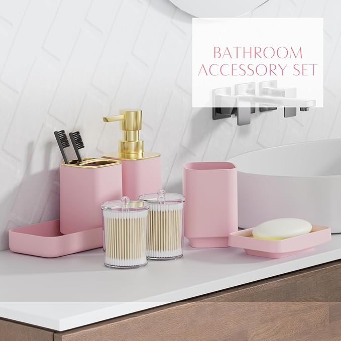 9PCS Bathroom Accessory Set, Pink Bathroom Set with Large-Capacity 4 Gallon Trash Can, Bathroom Accessories Set Complete, Toothbrush Holder, Soap Dispenser, Toilet Brush, Bathroom Decor