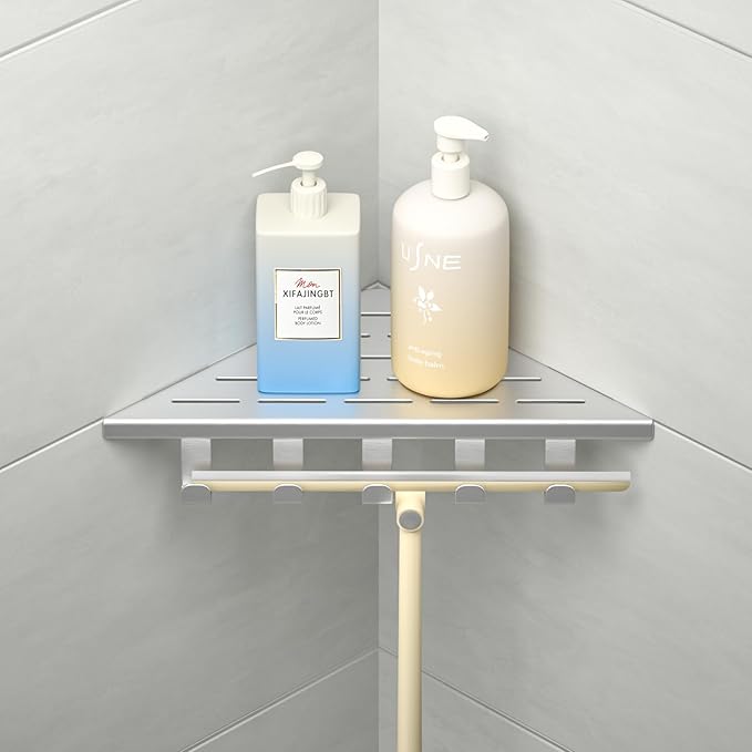 10‘’ Corner Shower Shelf, 304 Stainless Steel Shelves for Bathroom, Grout in Shelf with Hooks for Tiled Wall (Brushed)