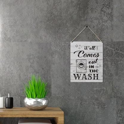 Qious Laundry Sign Gift Farmhouse It All Comes Out in the Wash Wooden Hanging Sign Plaque Rustic Wall Art Decor for Home Laundry Decoration 10 x 8 Inches
