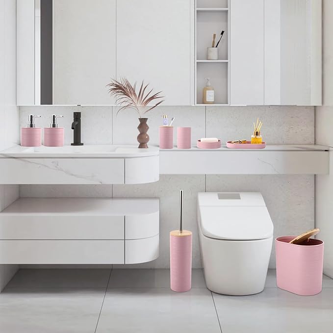 Pink Bathroom Set, Pink Bathroom Accessories Set with Trash Can, 2PCS Soap Dispensers, Soap Dish, Toothbrush Holder, Toothbrush Cup,Toilet Brush, Tray and Qtip Holders for Bathroom Decor