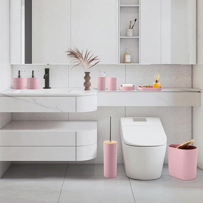 Pink Bathroom Set, Pink Bathroom Accessories Set with Trash Can, 2PCS Soap Dispensers, Soap Dish, Toothbrush Holder, Toothbrush Cup,Toilet Brush, Tray and Qtip Holders for Bathroom Decor