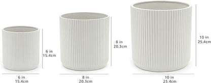 Amazon Basics Assorted Sizes Fluted Ceramic Round Indoor Outdoor Planters with Drainage, Set of 3, Modern Design, 6 inch, 8 inch, 10 inch, White