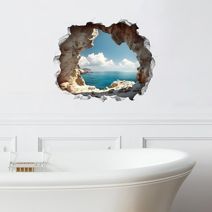 Cave by The Sea Wall Stickers for Living Room Large 3D Broken Wall Wall Decals Removable Peel and Stick Wall Art Home Decor Decoration for Bedroom Bathroom Classroom Library