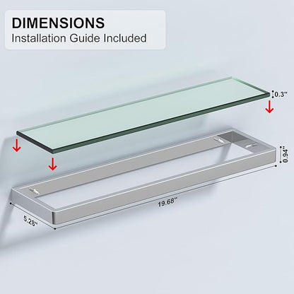 20IN Bathroom Shelves/Shelf Glass Wall Mount Floating Shelves for Bathroom Tempered Glass Rectangular 1 Tier Organizer Wall Shelf (Chrome Polished, 20'')