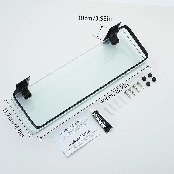 AIJALY 3 Pack Bathroom Glass Shelf,Aluminum Tempered Glass 0.34in Extra Thick Rectangular 1 Tier Storage Organizer Wall Mount,Black 15.7in