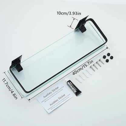 AIJALY 3 Pack Bathroom Glass Shelf,Aluminum Tempered Glass 0.34in Extra Thick Rectangular 1 Tier Storage Organizer Wall Mount,Black 15.7in
