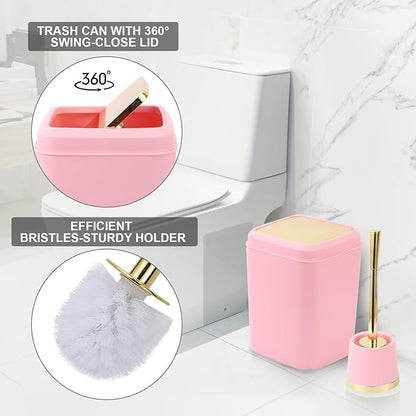 Pink Bathroom Accessories Set - 10 Piece Bathroom Accessory Set with Trash Can, Soap Dispenser, Soap Dish, Toothbrush Holder and Cup, Toilet Brush, Qtip Holder, Bathroom Decor Sets Complete